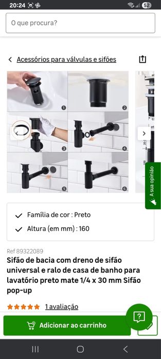 Sifão para lavatório preto.