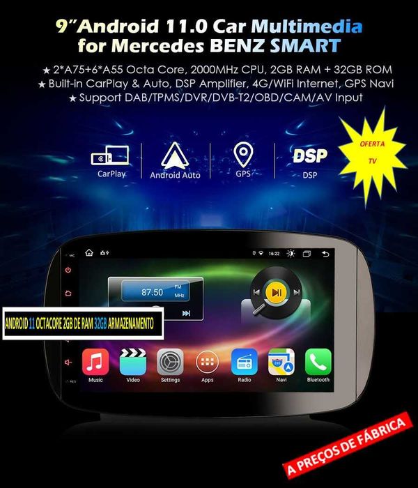 Auto-rádio 2 din android 14 p/ Smart e Renault Dacia Duster