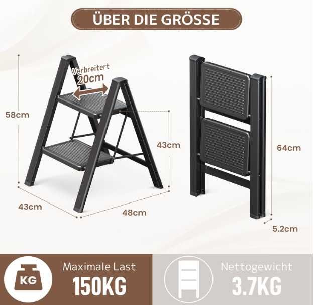 Drabina składana GameGem 2 stopnie szara 150 kg