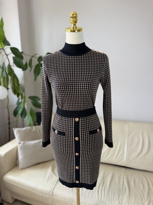 Elastyczny dzianinowy komplet zestaw pepitka wiskoza S M 36 38 preppy spódnica sweter z długim rękawem houndstooth elastyczny