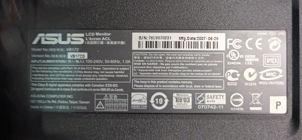 Monitor ASUS VB 172 D. 17 Polegadas