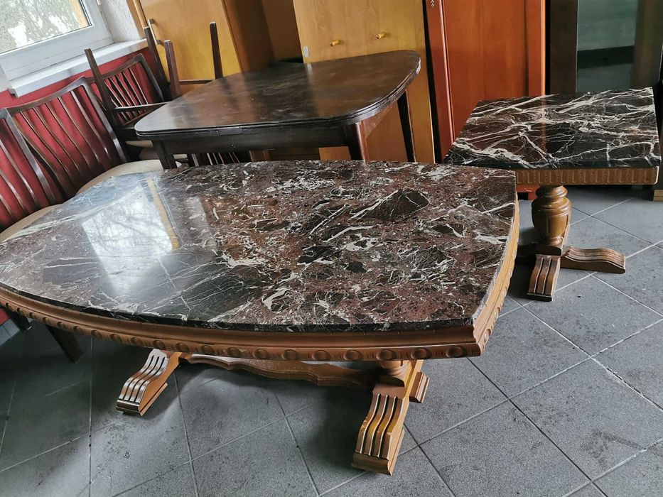 Stolik Kawowy kwadrat  półokrągły Brązowy Marmur antyk drewno stoliki