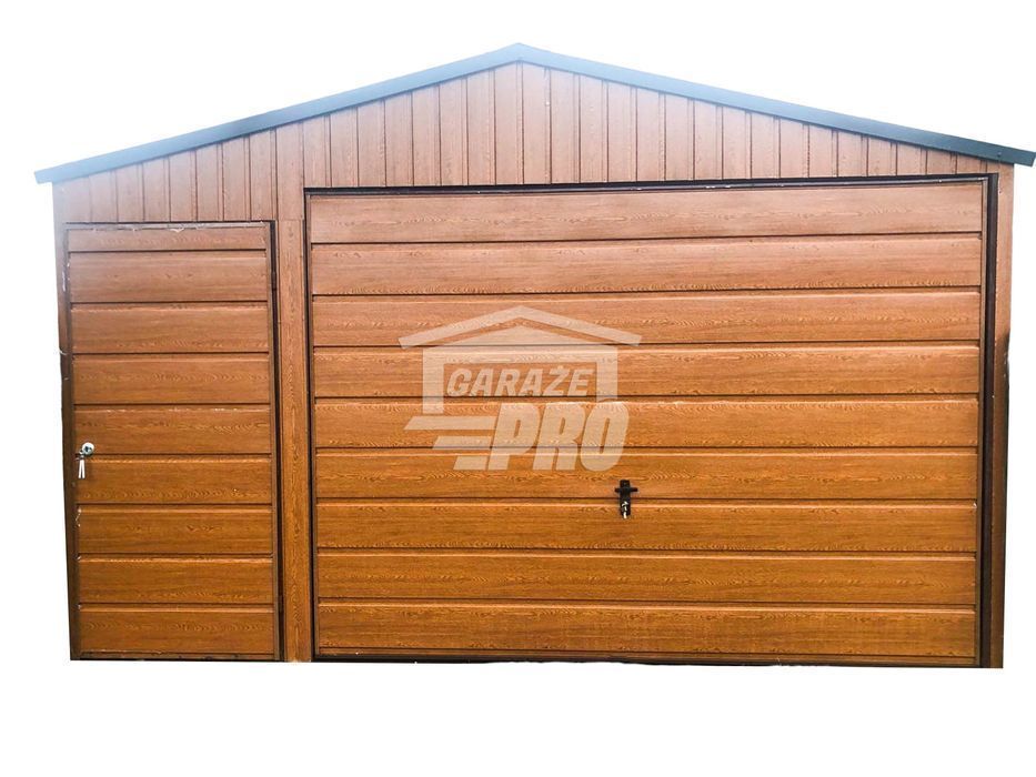 Garaż blaszany 4x6 Brama + drzwi drewnopodobny Dach dwuspadowy GP95