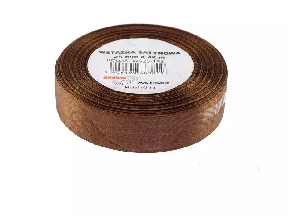 Wstążka satynowa brązowa 25mmx32m. Brewis. Nowy Produkt