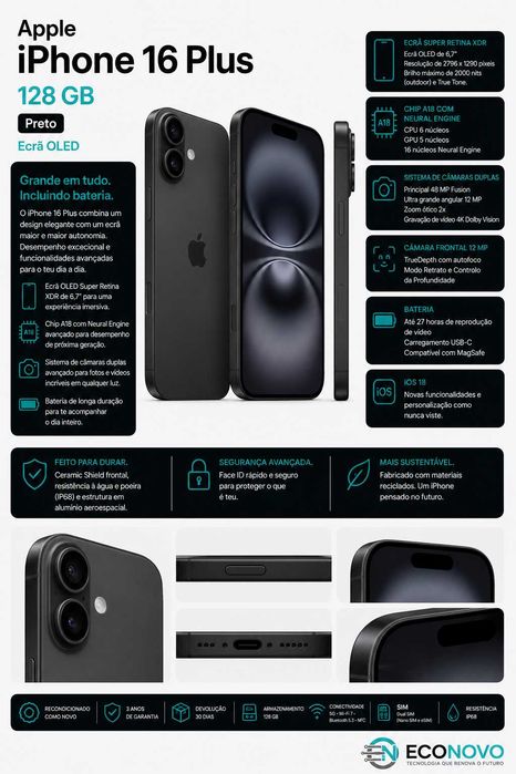 EN Apple iPhone 16 Plus Preto 128 GB Ecrã OLED