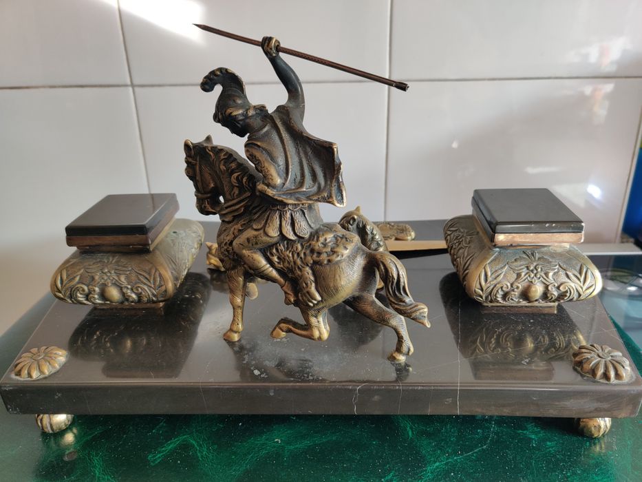 Tinteiro de mesa em bronze com base em mármore