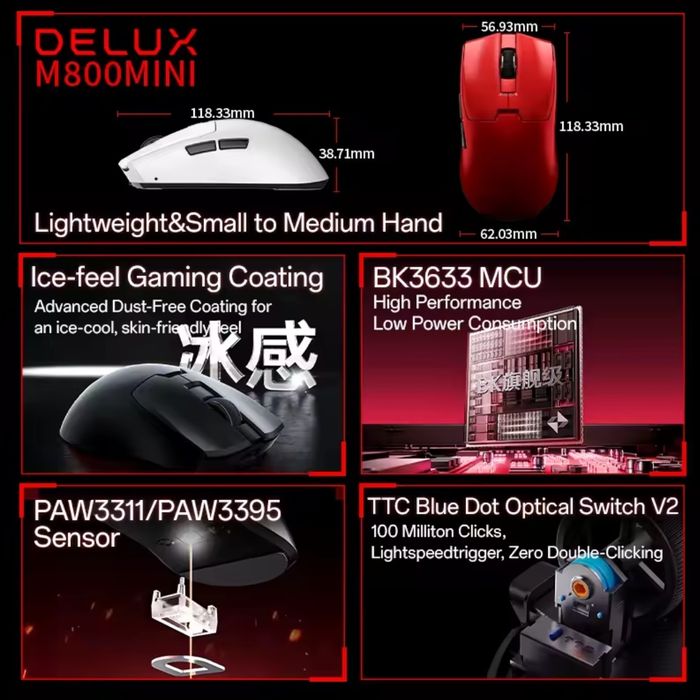 Игровая мышь Delux m800 mini Pro.3 цвета.Paw3395.Легкая.500mah.Новые#
