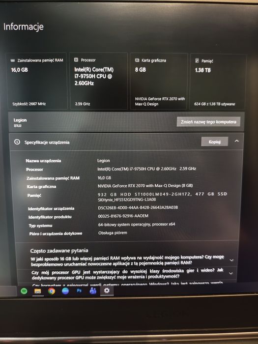 Lenovo Legion i7 Rtx2070 Max-Q, 512ssd, 16gb Ram, 17 cali