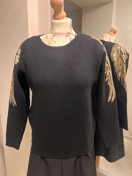 Mohito sweter czarny złote skrzydła s 36 pagony rękawy cekiny