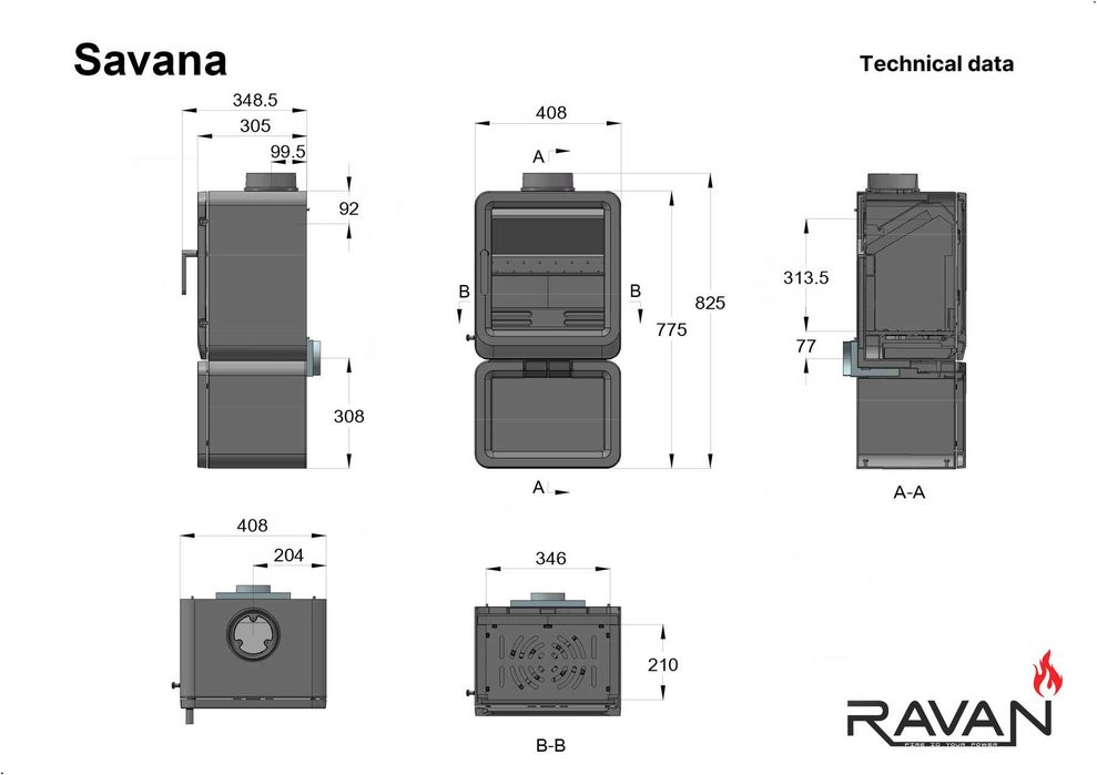 Чавунна піч камін Ravan Savana 8 кВт на дровах