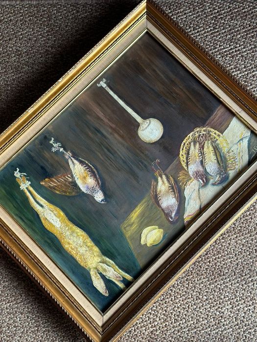 Quadro pintura óleo assinada lebres e perdizes