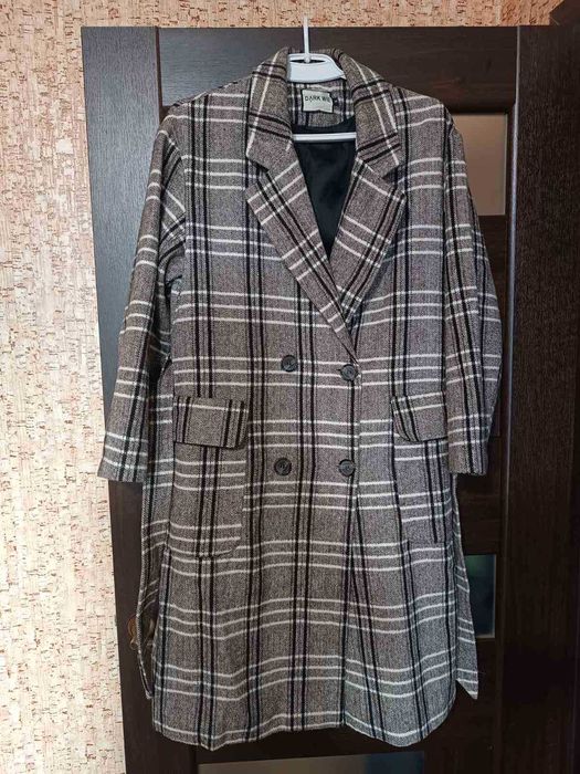 Жіноче пальто беж клітинка, лаванда демісезонне