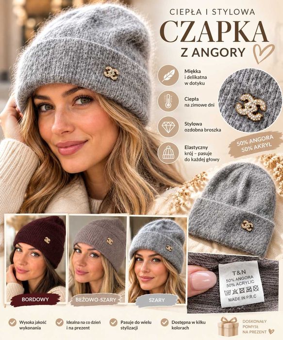 Czapka damska zimowa 50% angora z ozdobą – różne kolory