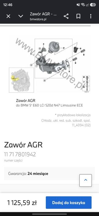 Zawór EGR AGR N47 2.0d BMW E60 E90 E87 X3 E83 E81