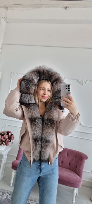 Зимняя парка бомбер финский песец, пуховик с натуральный мех блюфрост