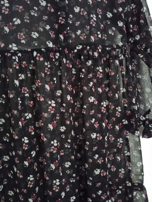 D-xel jeans sukienka mgiełka czarna w różowo białe kwiatuszki XS 34