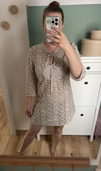 Beżowa bawełniana sukienka boho hippie M 38 L 40 ażurowa na lato