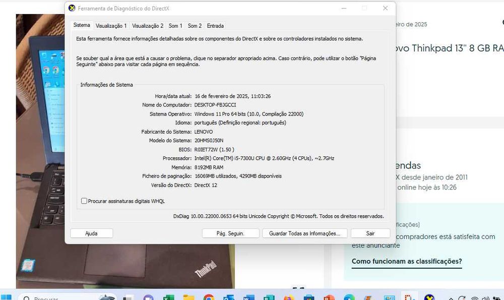 Portátil Lenovo Thinkpad 13'' 8 GB RAM disco SSD 480 GB