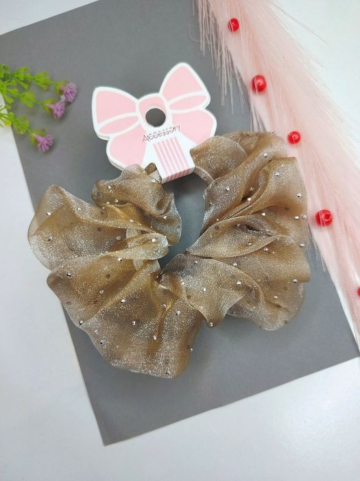 Nowa - Elegancka Gumka Scrunchie Przeźroczysta Złota