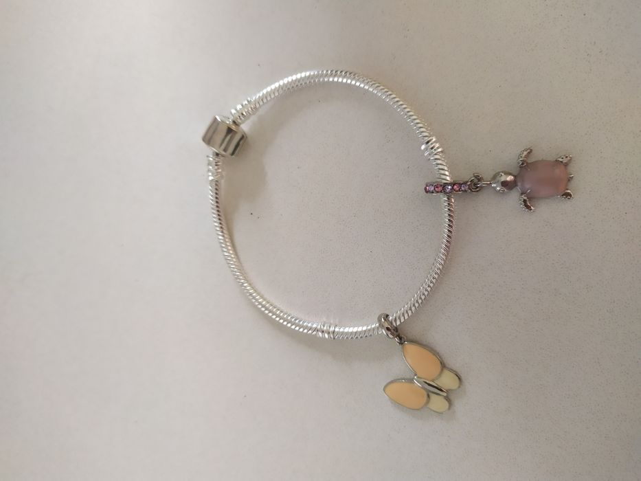 Bransoletka + 2 charmsy do Pandora Moments komplet żółw motyl łańcuch