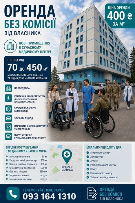 Оренда приміщення у центрі міста. 1 поверх. 70 м2. Критична інфраструктура.