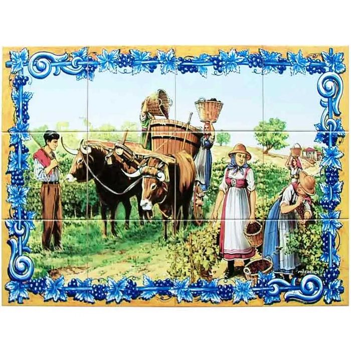 NOVO Painel de Azulejos Vindimas 60x45cm Carro de Bois Tradicionais Uvas