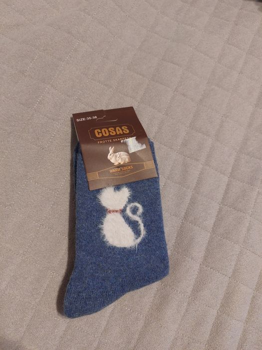 Nowe granatowe skarpety wełniane angora z motywem kota rozmiar 35-38