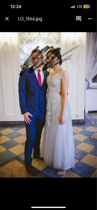 szara tiulowa długa sukienka - studniówka/ wesele/ bal S/M 36/38