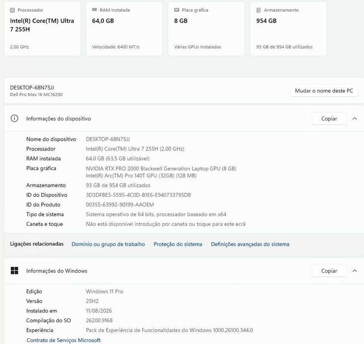 Portátil Dell Pro MAX 16 Ultra 7 64GB Memória RAM 1TB SSD Duas Gráficas (Nvidia RTX PRO 2000 8GB + Intel Arc 32GB) WIN 11 PRO