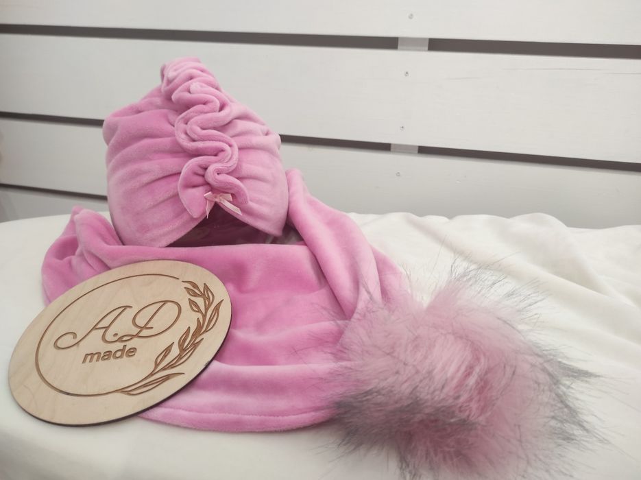 Czapka turban + chusta pompon Welur