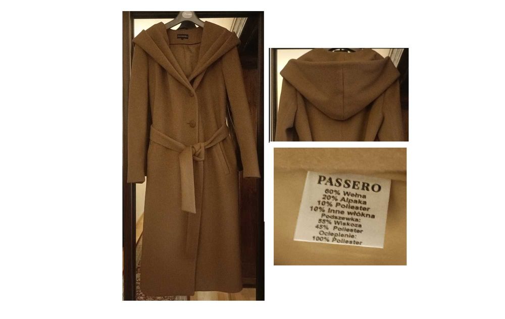 PŁASZCZ damski elegancki wełna alpaka PASSERO nowy r. 40