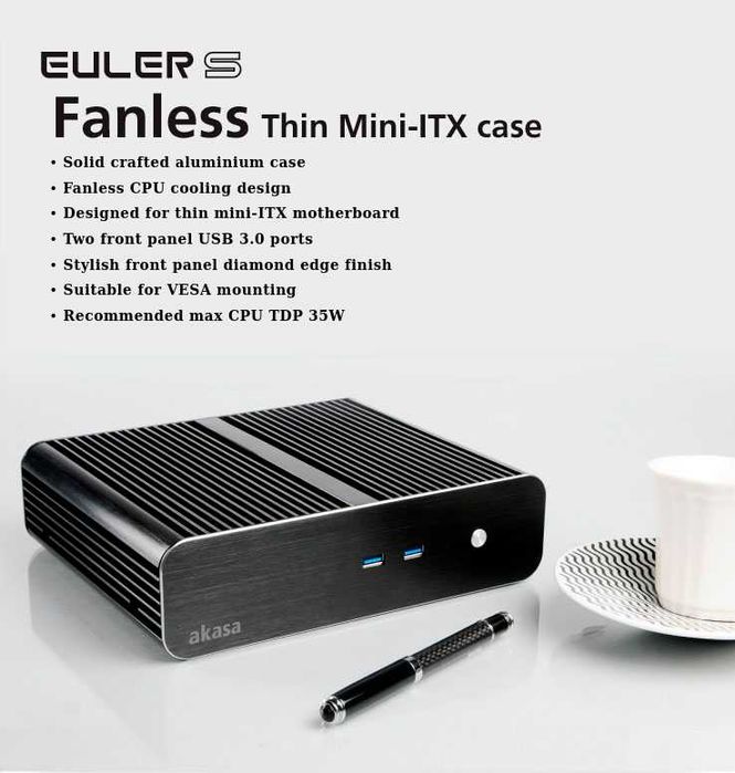 Akasa Euler i3 8100 ITX 16GB RAM 512GB SSD fanless cichy mini komputer