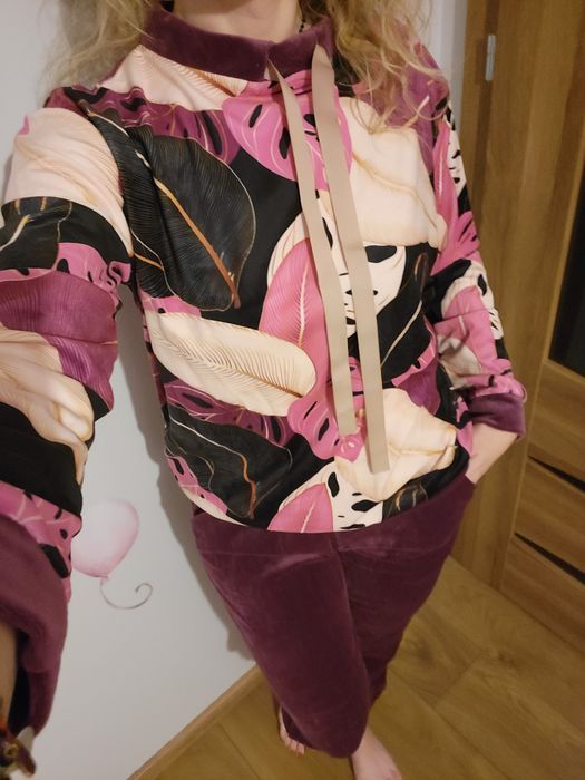 Welurowy komplet dres fioletowy bluzka spodnie