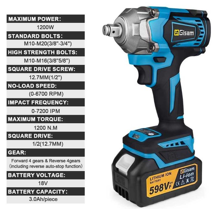 Aparafusadora Elétrica Potente sem fios 1200N.M 2 Baterias carregador