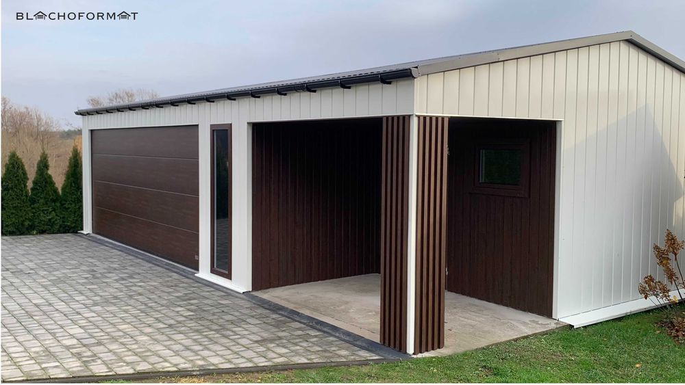 Garaż blaszany 9x6 z wnęką brama segmentowa lamele podbitka