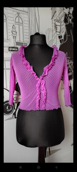 Fioletowa danska krótka bluzka w kropki falbanki mgiełka lato