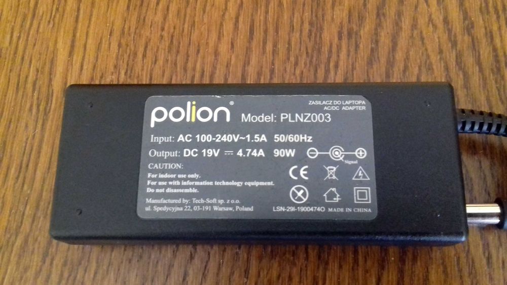 Zasilacz Polion do laptopów HP 90W 19V 4.47A, wtyk 7,4 x 5,0 mm z pinem.