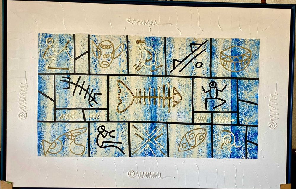 Quadro Abstrato com Símbolos Estilizados (110x85 cm)