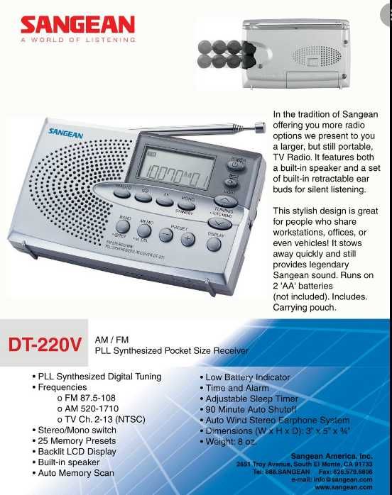 Odbiornik turystyczny Sangean stereo RDS pamięć 25 stacji bateriezasil