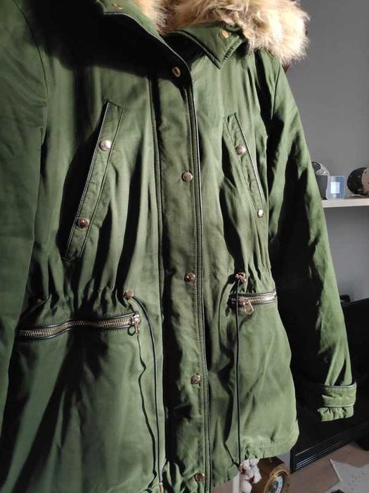 Kurtka zimowa, parka, ciepła, ZARA, futerko, zielona