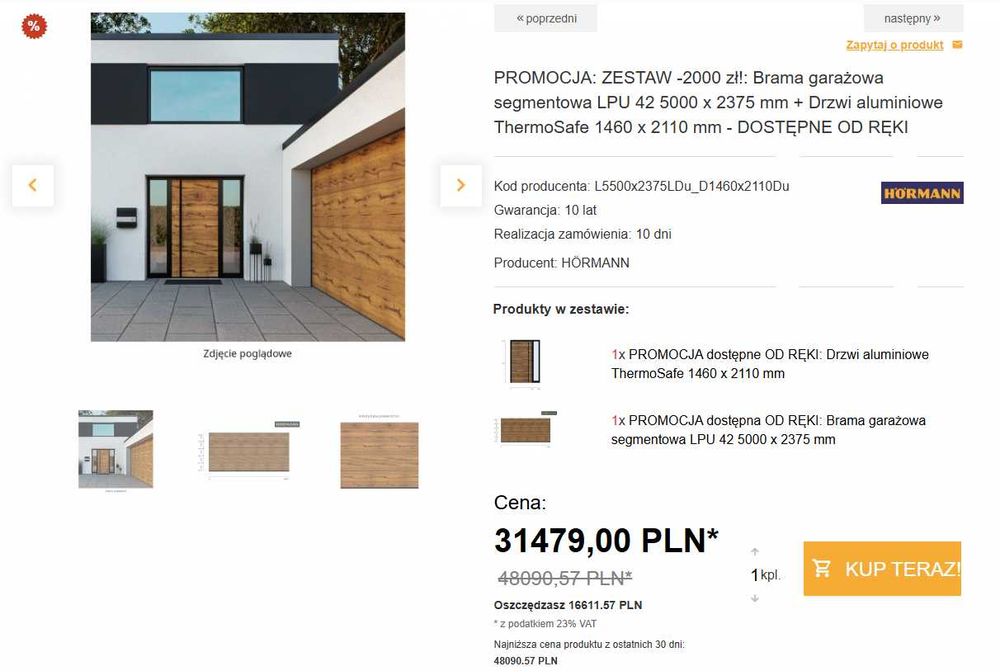 Brama garażowa segmentowa LPU 42 + Drzwi aluminiowe ThermoSafe HORMANN