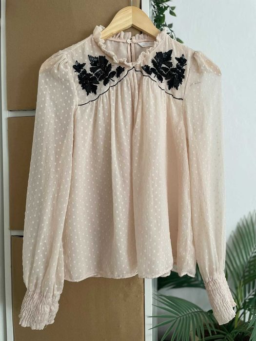 Zara bluzka pudrowy róż cekiny boho elegancka plumeti S 36