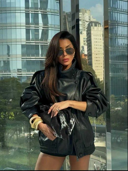 Трендова шкіряна оверсайз косуха Заra, шкіряна куртка, шкіряний бомбер