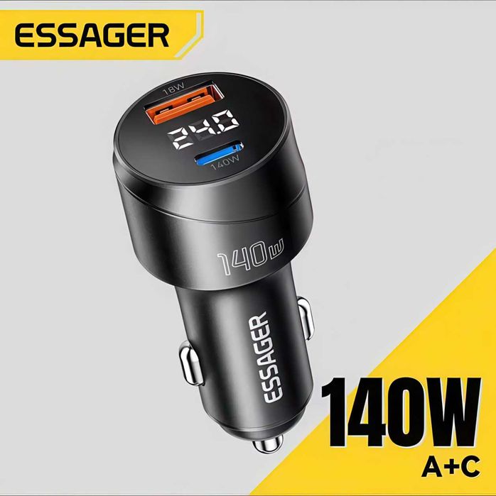 Автомобильное зарядное устройство Essager 140W LED (Type-C + USB)