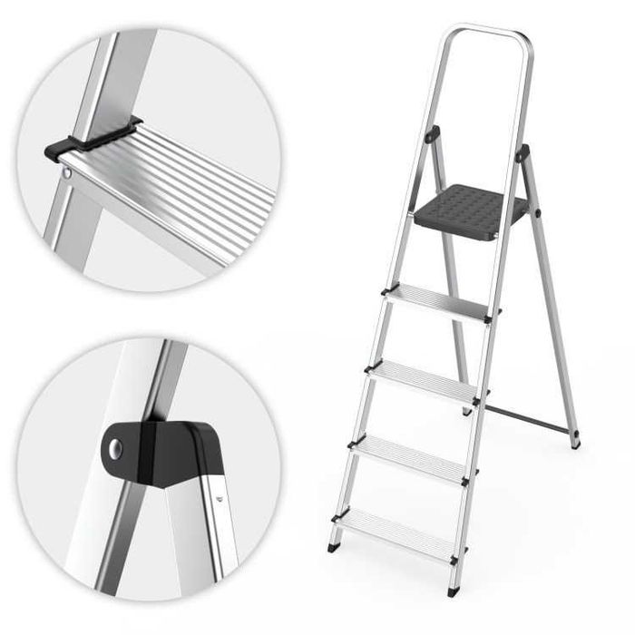 DRABINA ALUMINIOWA jednostronna 5 stopni do 150 kg składana z podestem