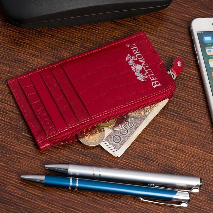 Etui na dokumenty karty czerwone skórzane skóra croco portfel slim