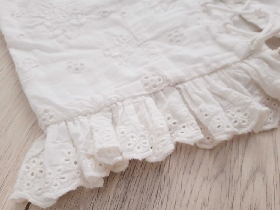 Top H&M biały ażur haft falbanki wiązany M 38 bluzka