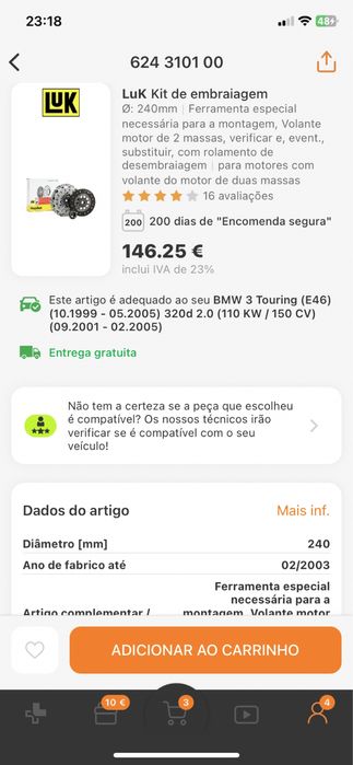 Kit Volante Bimassa LuK  - BMW 3 (E46) 320 d 150cv. Caixa 5vel.