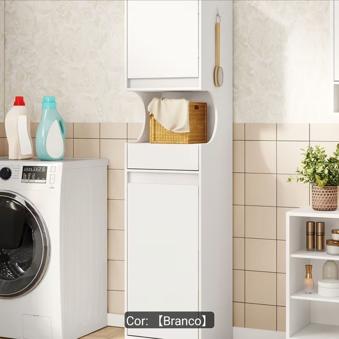 Armário de Casa de Banho Branco com Cesto de Roupa