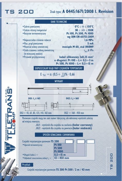 Teletrans Elcomp TS200/PT500 czujniki temperatury